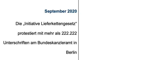 September 2020: Die „Initiative Lieferkettengesetz“ protestiert mit mehr als 222.222 Unterschriften am Bundeskanzleramt in Berlin 